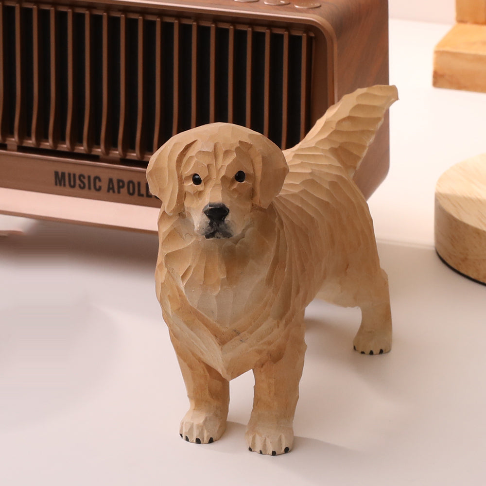 Natural Wood Handmade Golden Retriever Figurine – Hand-Carved Dog Statue Home Decor