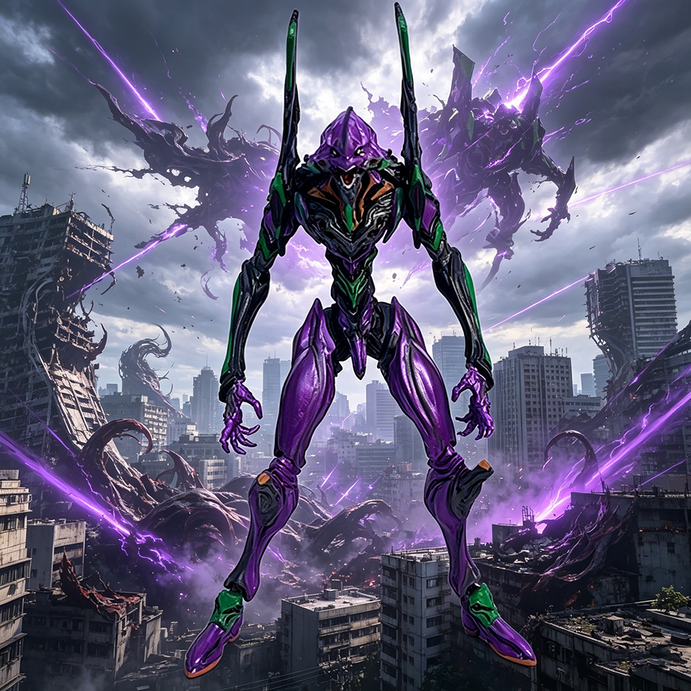 Evangelion Unit-01 figure displayed on a desk as anime room decor