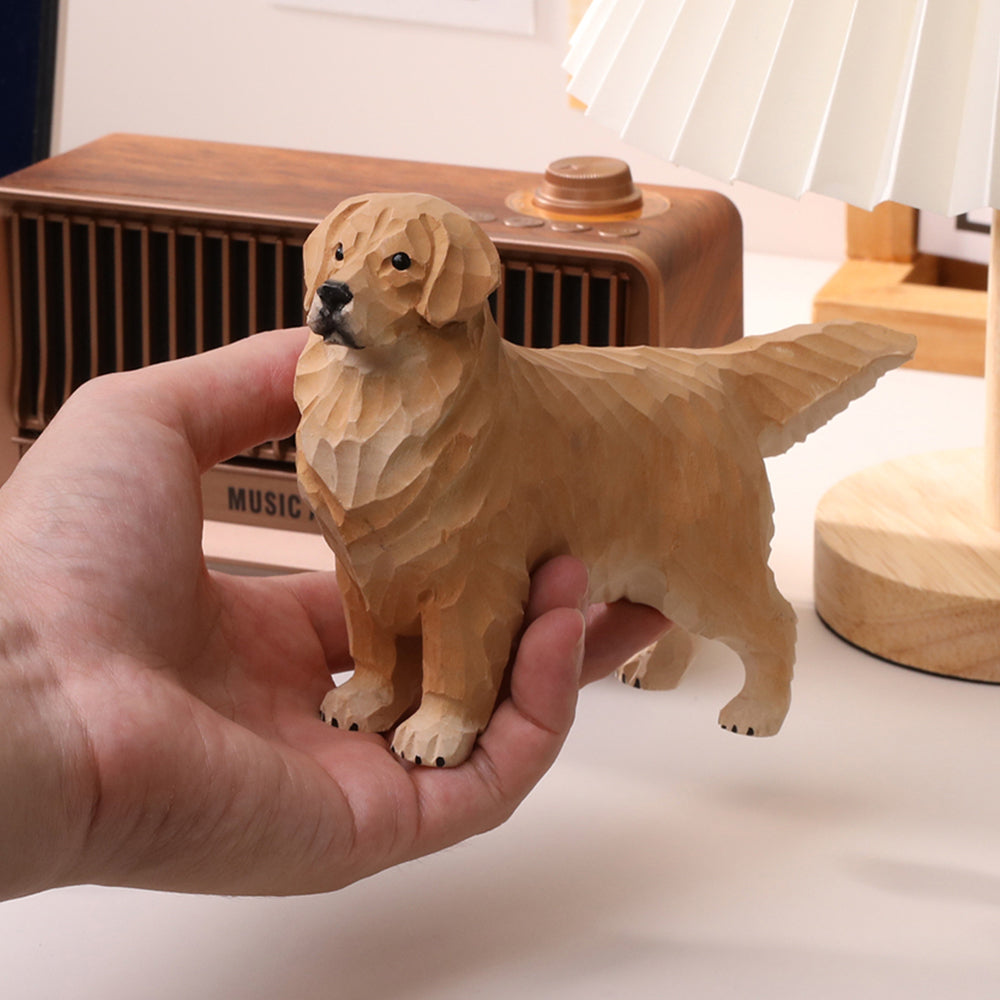 Natural Wood Handmade Golden Retriever Figurine – Hand-Carved Dog Statue Home Decor