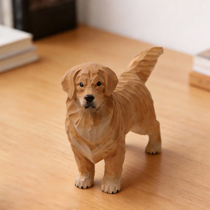 Natural Wood Handmade Golden Retriever Figurine – Hand-Carved Dog Statue Home Decor