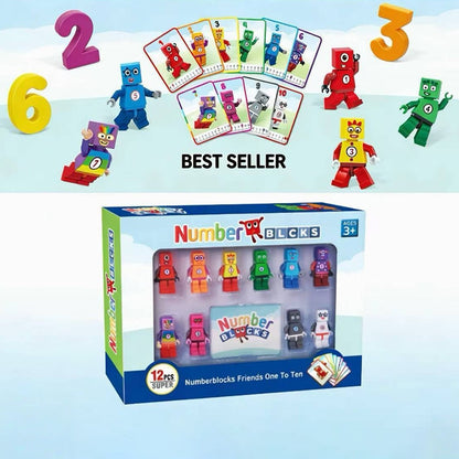 Colorful Numberblocks building blocks toy set featuring characters and educational cards for early number learning.