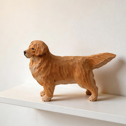 Natural Wood Handmade Golden Retriever Figurine – Hand-Carved Dog Statue Home Decor