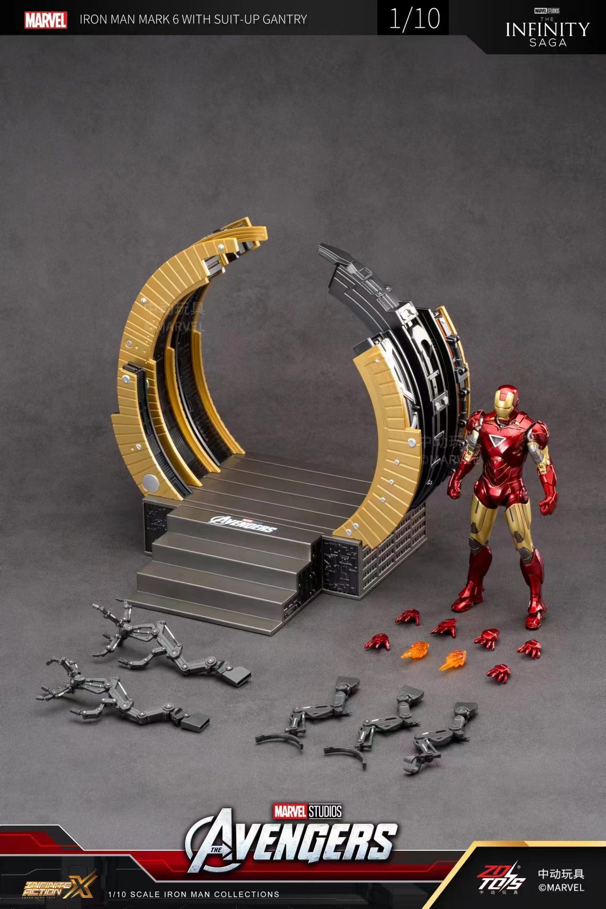Original ZD Toys Iron Man Mark VI with LED Suit-Up Gantry & Circular Armor Dismantling Platform