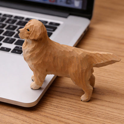 Natural Wood Handmade Golden Retriever Figurine – Hand-Carved Dog Statue Home Decor